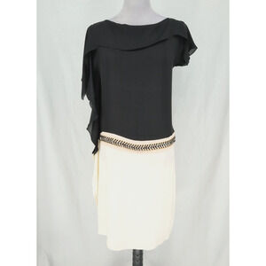 Vionnet Paris Dress Womens 8 US 40 EU Black Ivory Silk Drop Waist Chain Detail